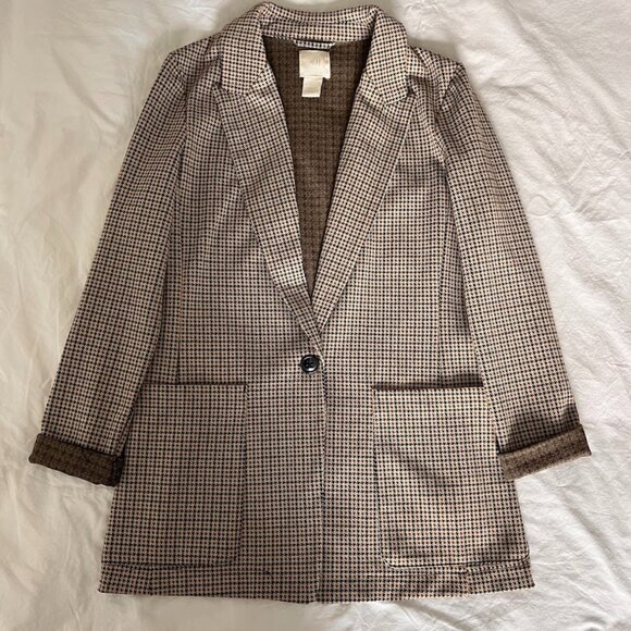 H&M Women’s Brown Plaid Blazer Button Pockets, Size 2, - Picture 1 of 13